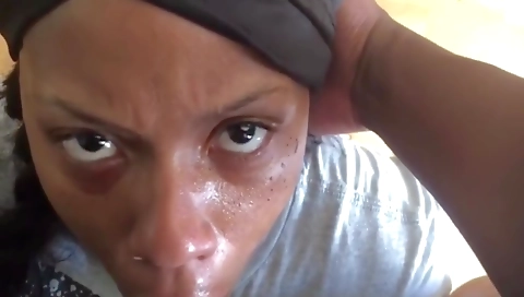 Ebony brunette with a nice face gets to swallow a big cum