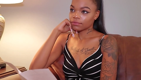 Busty ebony brunette gets her anal drilled with a dildo