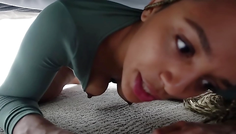 Untangling teen babe in black lingerie under the bed