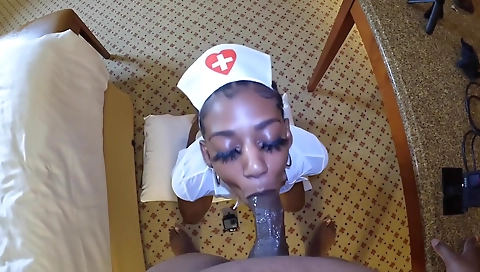 Big cock brunette nurse giving a blowjob to a black guy