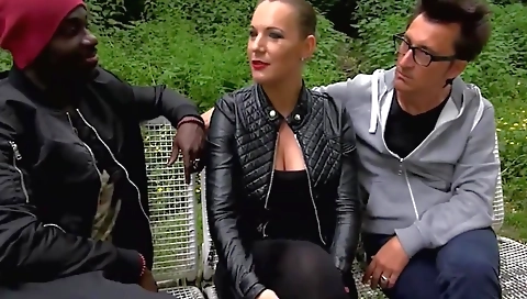 Ebony teen gets a creampie and cumshot in threesome