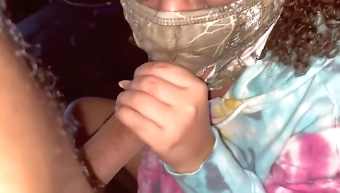 Ebony woman plays with her boyfriend's big dick outdoors