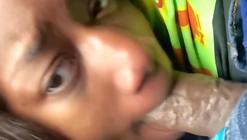 Ebony girl with huge boobs in a sexy outfit and mouth a cock