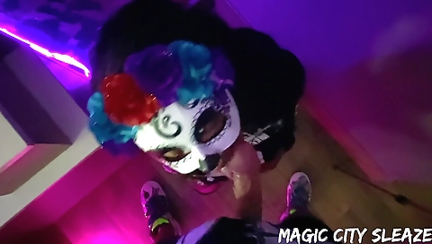 Ebony girl and a chubby fucker getting their pussies fucked