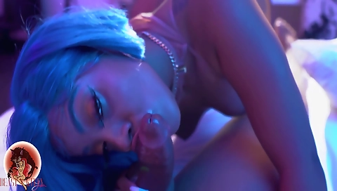 Ebony teen with small tits gets her big cock deepthroat