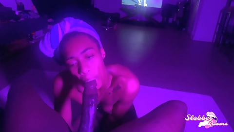 Big black cock sucking a deepthroat of a hot brunette