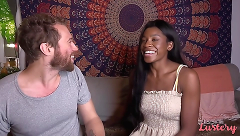 Stunning ebony babe is on camera and her hairy pussy is being fucked