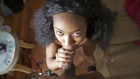 Ebony chick with a shaved pussy fucked in a couple