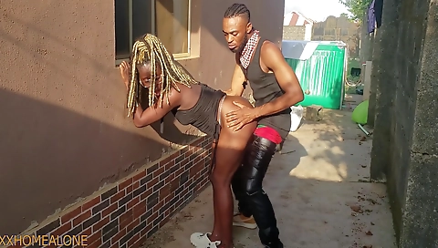 Ebony bitch in a tattooed ass fucks a dude outdoors