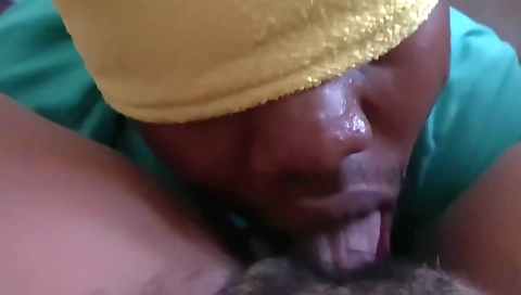 Ebony girl with a hairy bush suck and cum for the audience